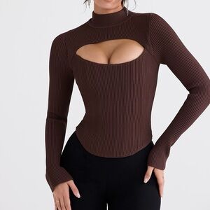 House of CB Brown Ribbed Cutout Top